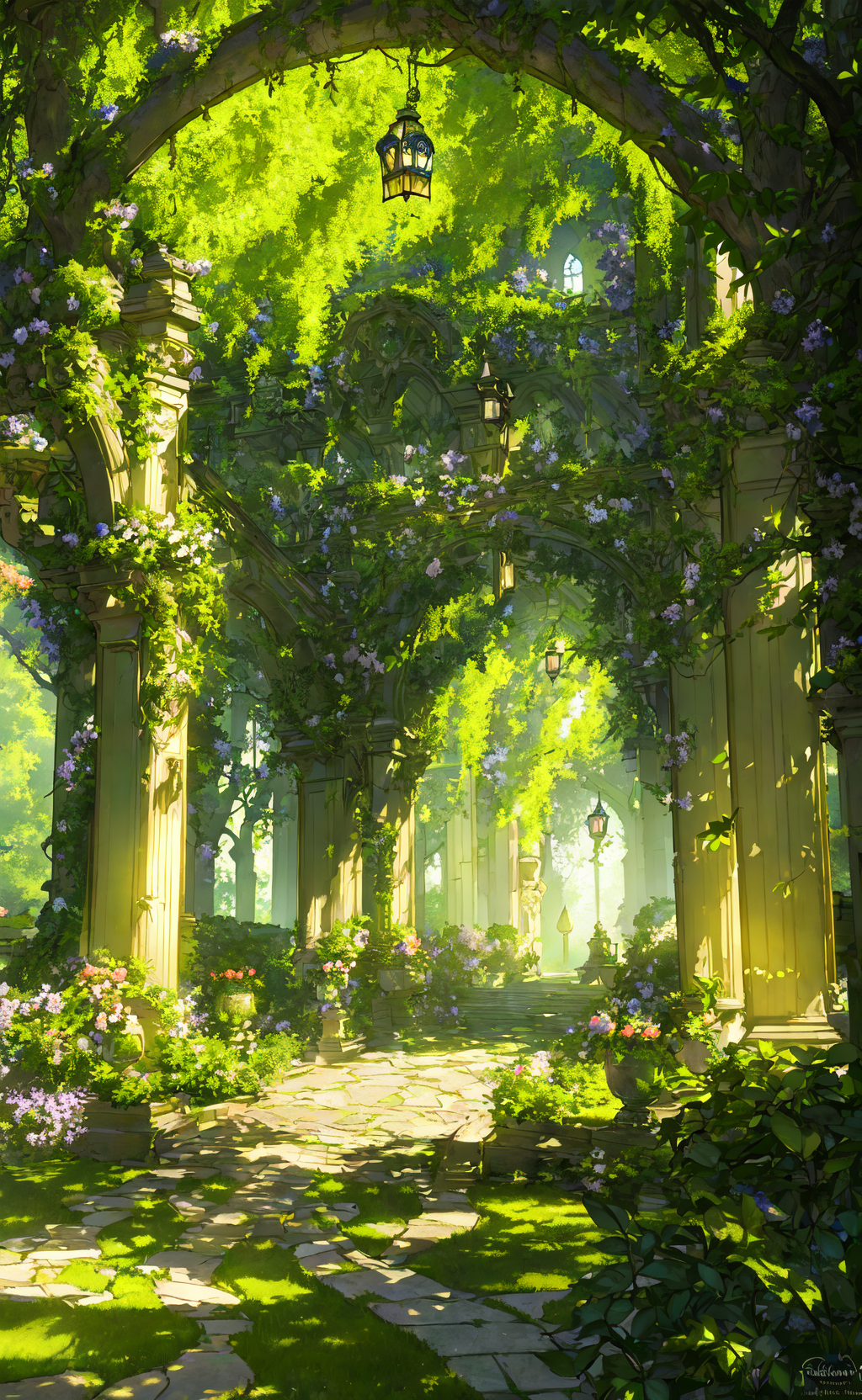 90066-3370663951-(masterpiece, best quality, highly detailed, intricate), a walkway in a garden with lots of green plants and trees on either sid.png